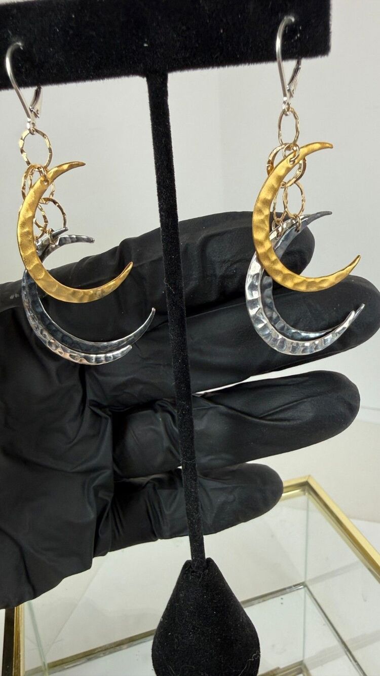 925 Sterling Silver Triple Crescent Moon Earrings Celestial Leverback Dangles